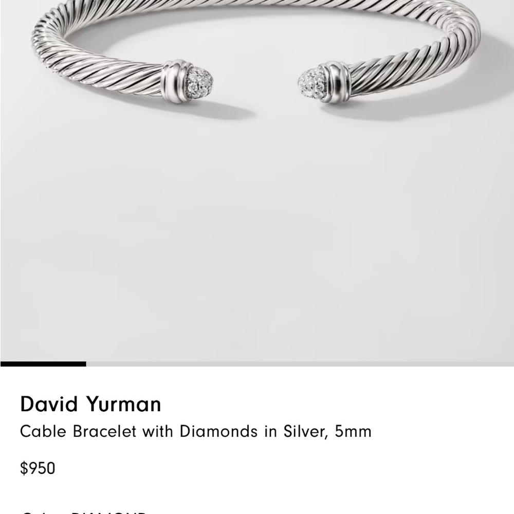 David Yurman Silver Cable Cuff with Diamond Endcaps